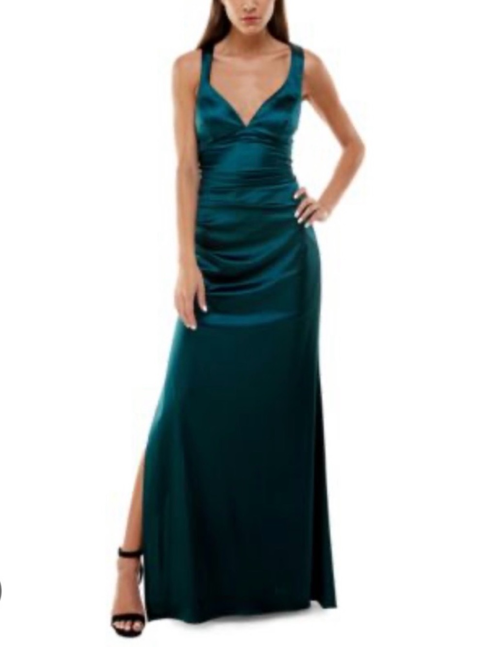 B Darlin Teal Satin V-Neck Maxi Dress